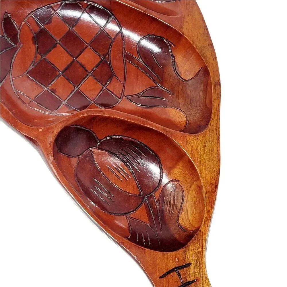 VINTAGE HAITI HAND CARVED WOOD TRAY FISH APPLE‎ TROPICAL LEAF 2 SIDED CARVING